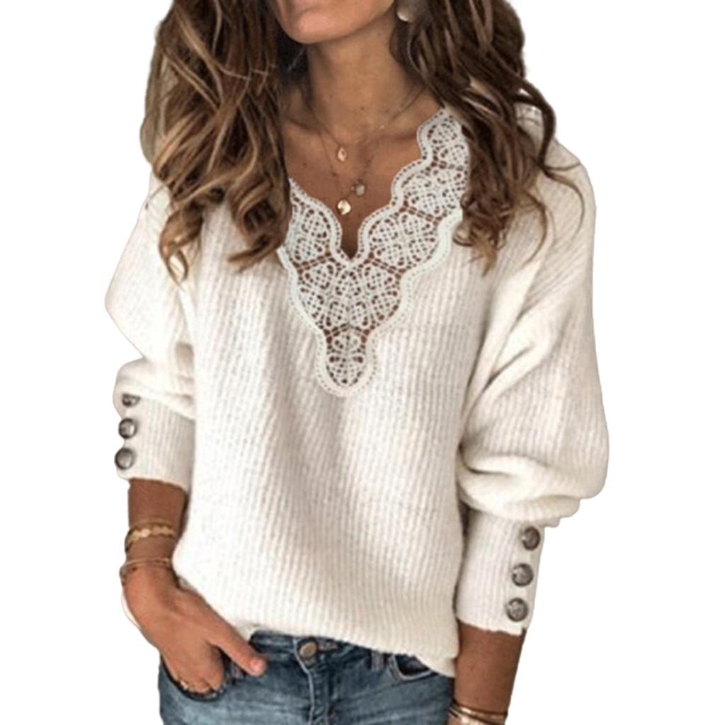 Women V Neck Autumn Winter Warm Sexy Patchwork Plus Size Buttons Sweatershirt Pullover Jumper