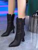 Fashion Zipper Leather Elegant Heeled Mid Calf Shoes Woman Pu on Offer Hot New in Waterproof Comfortable Gyaru Half High Boots for Women