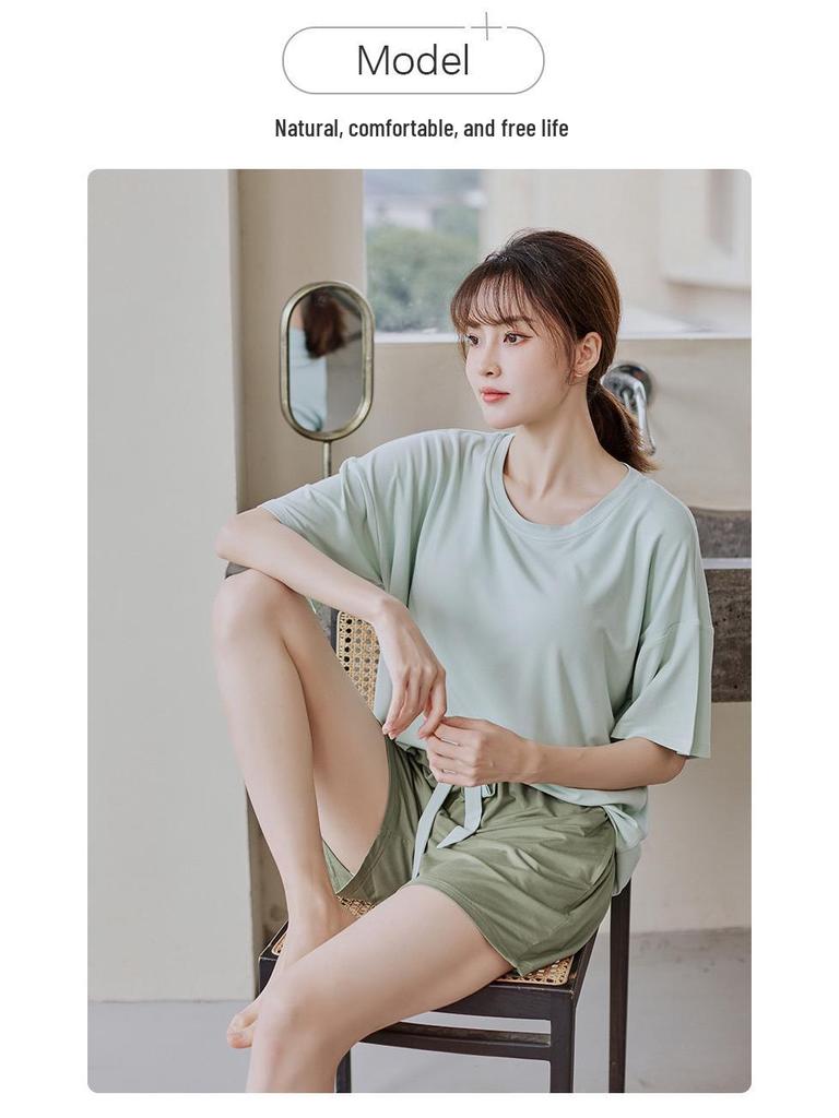 Women's Summer Three-Piece Modal Pajama Set with Bra Pads - Short Sleeve Top, Shorts, and Long Pants for Indoor/Outdoor Wear