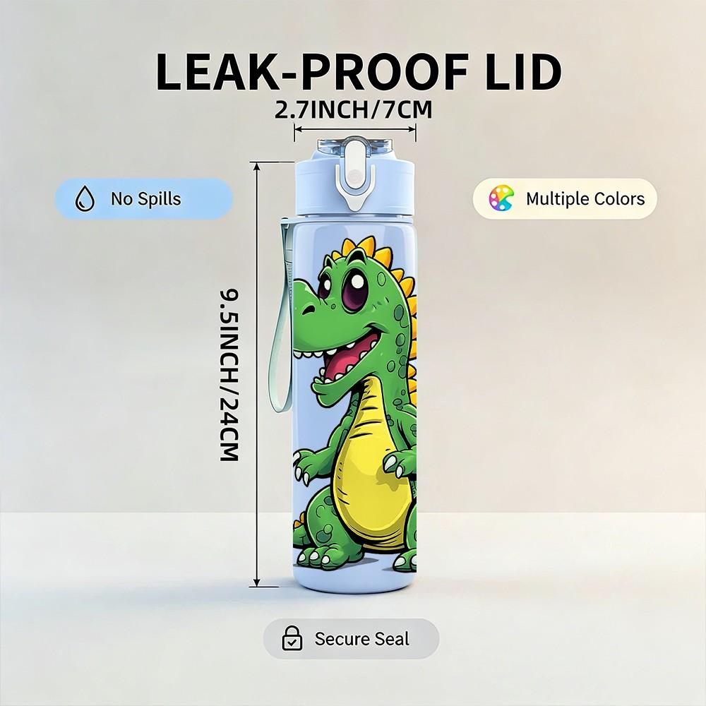 1PC Cute Green Dinosaur Cartoon Print 750ml Color Plastic Sports Water Bottle Leakproof Flip Straw Lid Suitable for Sports Office Home Use