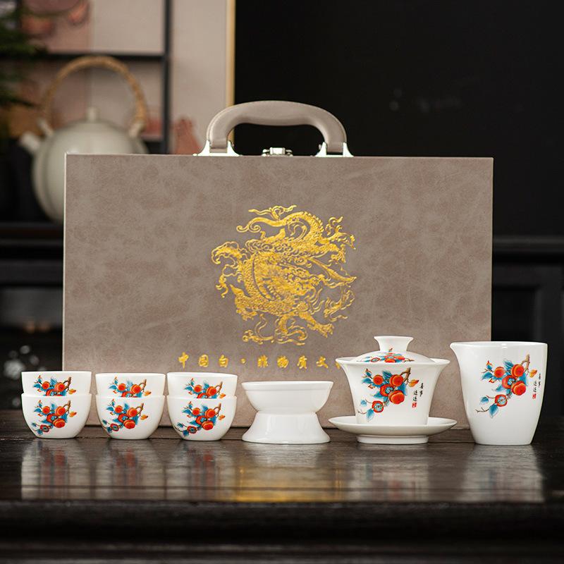Premium beauty suet jade white porcelain kung fu tea set, household Xishi pot tea cup light luxury high-end gift box