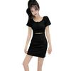 Lady's Korean Style Casual Slim Hollow Out O Neck Short Sleeve Knitting Cotton Mini Dress