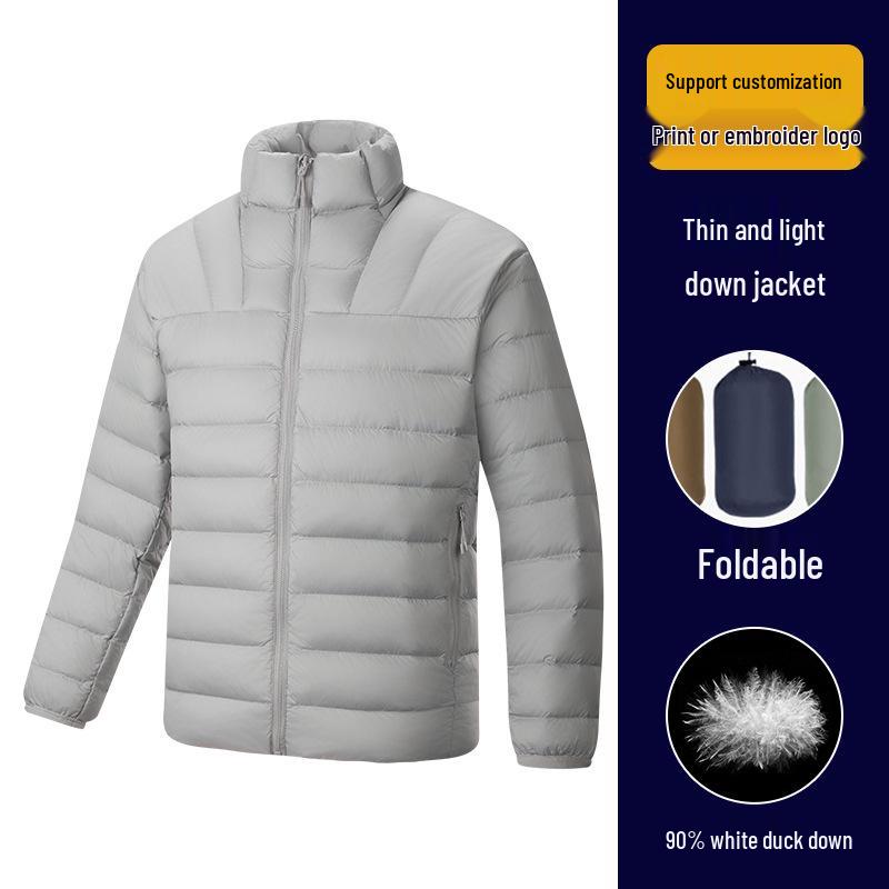 Hochwertige Unisex-Leichtgewicht-Daunenjacke mit Rippenstruktur, 90 % weiße Entendaunen und mit Text bedrucktem Futter