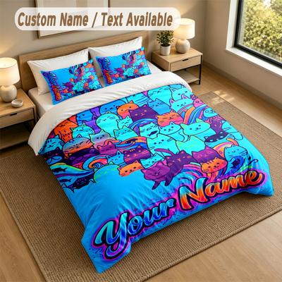 Cat Theme Personalized 3Pcs Bedding Set Custom Text & Name 1 Sheet 2 Pillowcases Household Bedding 1pc