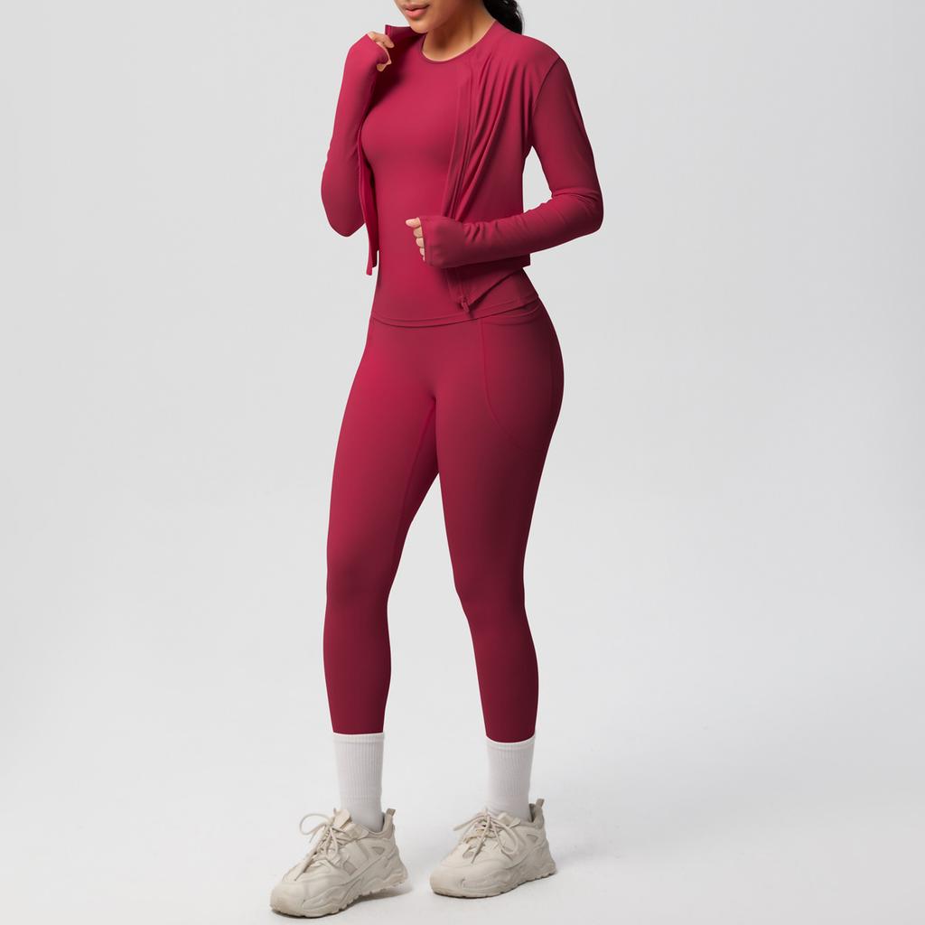 European and American new cloud polished short-sleeved sports zipper jacket casual running hip yoga suit three-piece women's