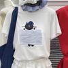 Reines Baumwoll-T-Shirt mit Aufdruck, Rundhalsausschnitt, Vielseitig, Kurzärmelig, Sommerlich, Neu, Lässig, Locker sitzendes Oberteil