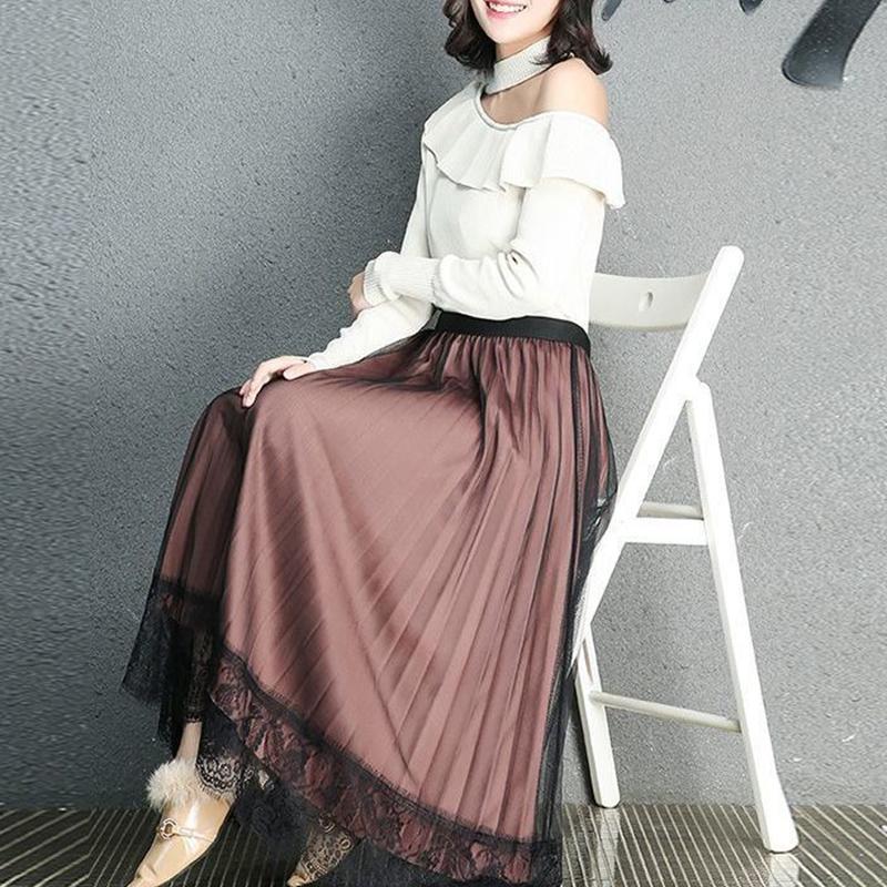 Half-length Skirt Women's Plus Size High-waist Lace Pleated Skirt Mid-length Mesh Skirt Worn On Both Sides