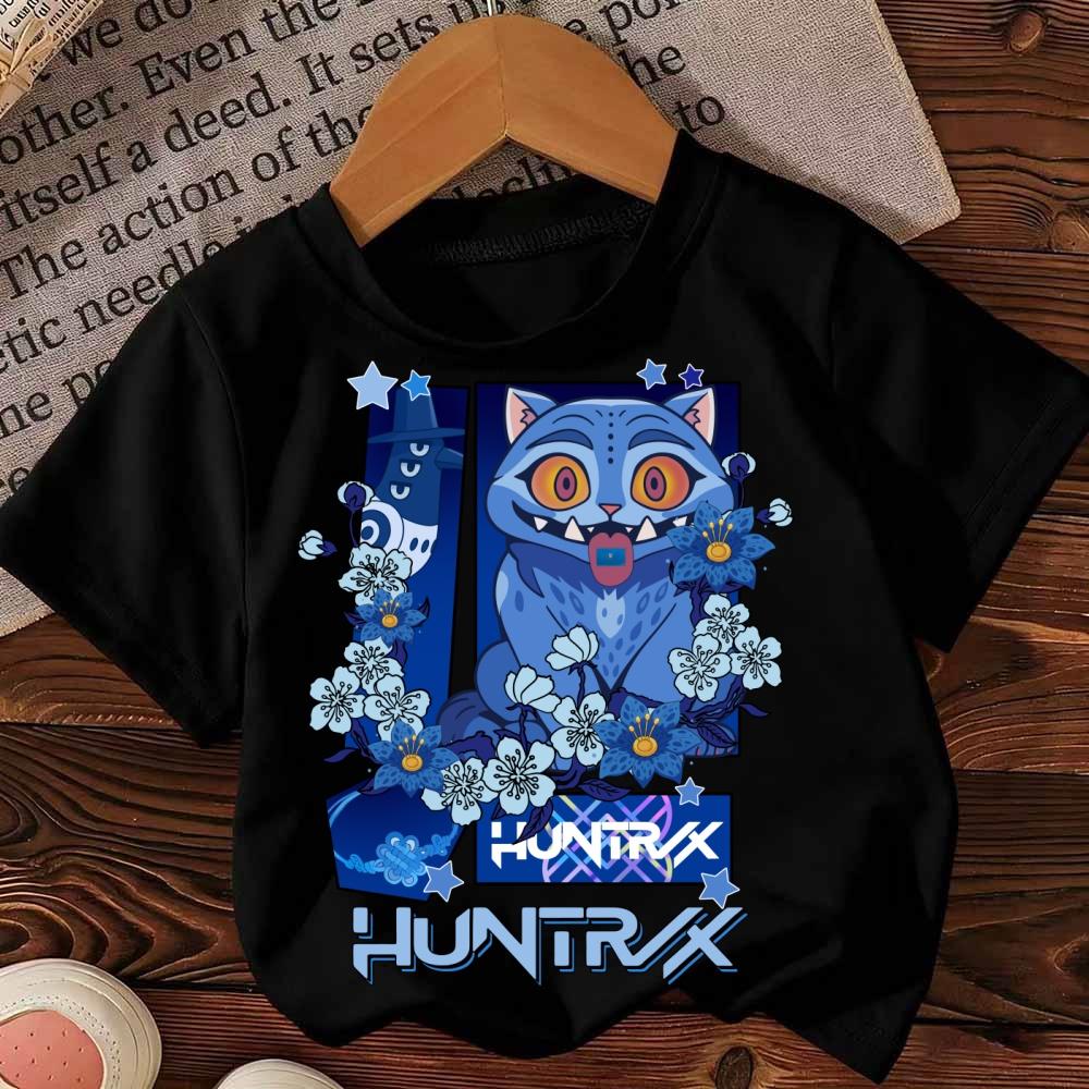 KPop Demon Hunters T-shirt for Children Cartoon Black Tee Top Girls Round Collar Short Sleeve Clothes Kids Summer Clothing Gift