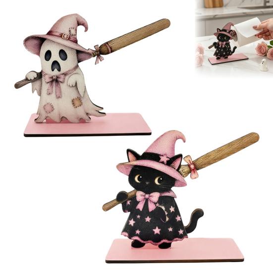 Kreativer Küchenarbeitsplatten-Ständer Halloween Schwarze Katze/Geist Rollenpapierhalter, Vertikaler Holz-Handtuchständer, Funktionale Feiertagshaus-Akzente