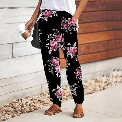 Women 3D Pink Crystal Rose Print Pants Lace Up Elastic Waist Loose Trousers Casual Long Pants Trousers with Pockets