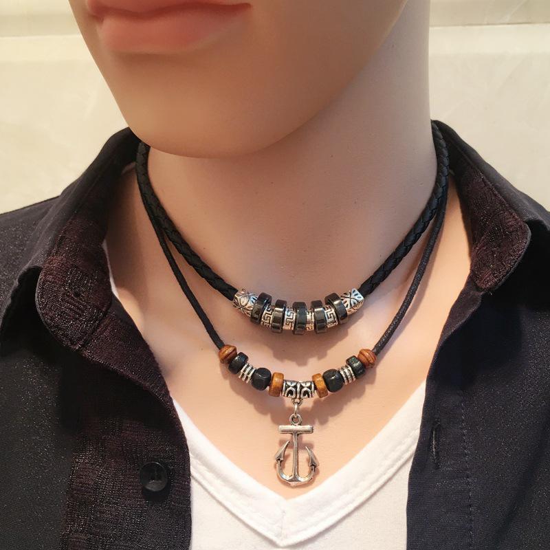 

Men s Anchor Pendant Necklace, Multi-layer Leather Cord, European & American Style.
