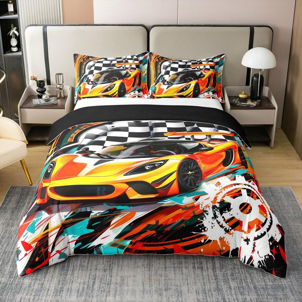 Boys Sports Car Bedding Set Twin Race Car Duvet Cover For Kids Teens Room DecorRacing Cars Bed Set