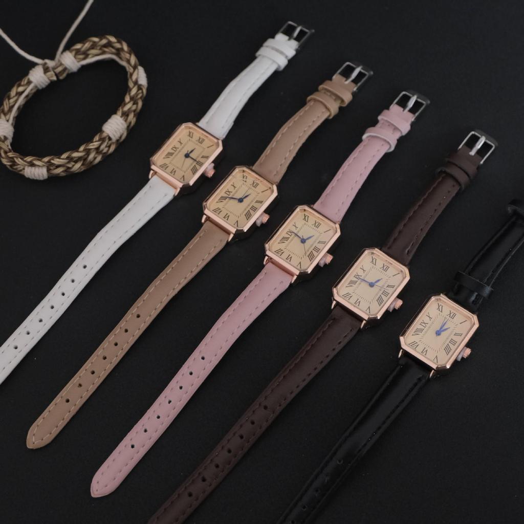 Roman-Style Ladies Square Dial Quartz Watch with Cowhide Strap