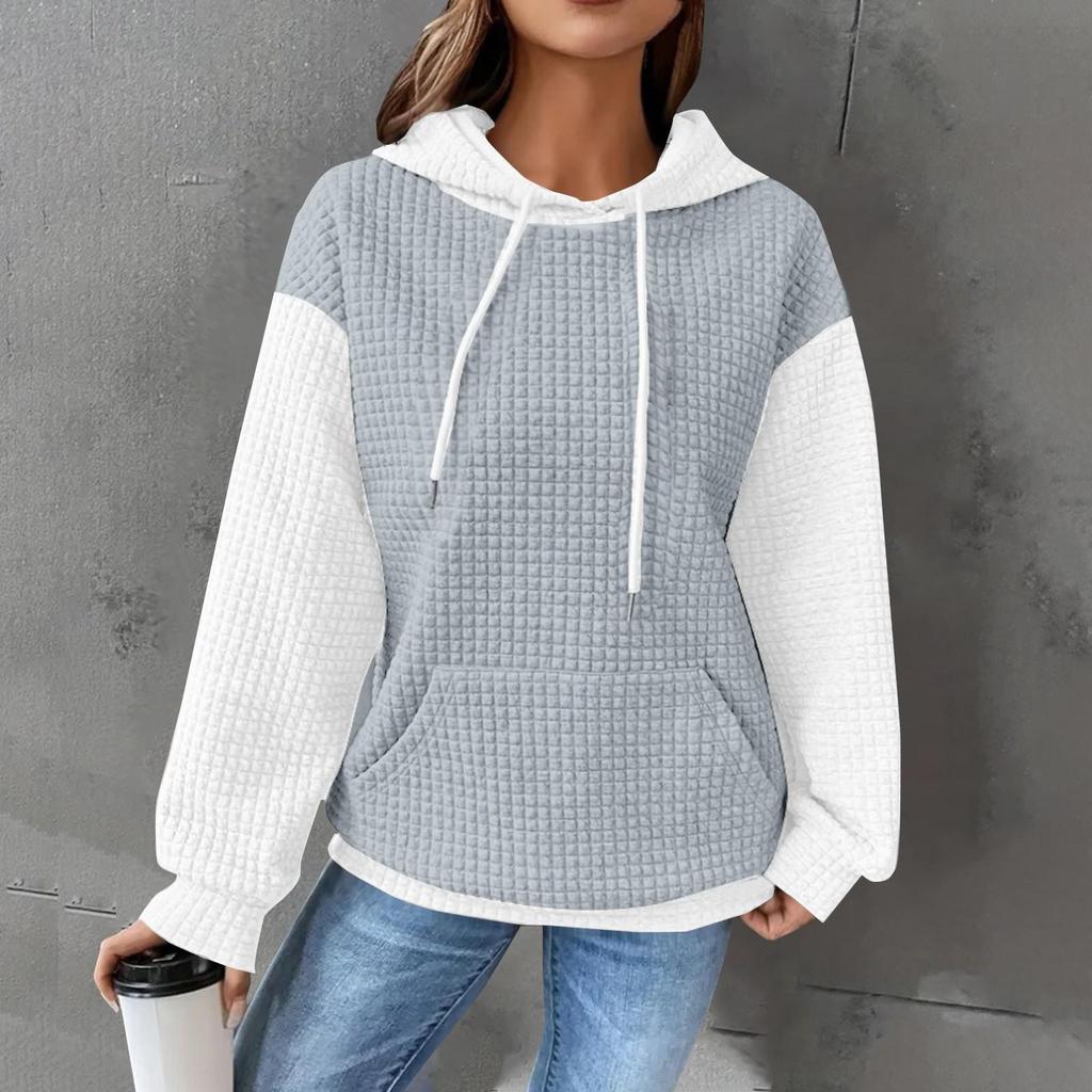 Top a manica lunga con cappuccio, stile casual, a blocchi di colore, a quadri, con coulisse e tasca
