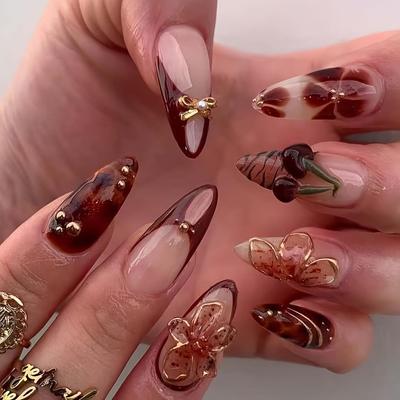 Almond Fake Nails Cute Cherry Sweet Bow Flower Wearing Nail Piece Finished Product