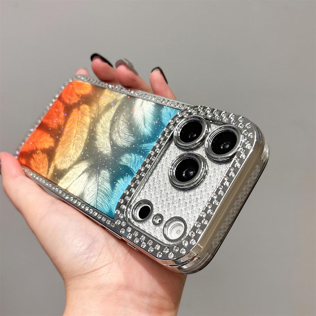 Bling Glitter Diamond Gradient Penas Pattern Plating Case For iPhone 17 16 15 14 13 17 Pro Max Lens Protective Shockproof Cover