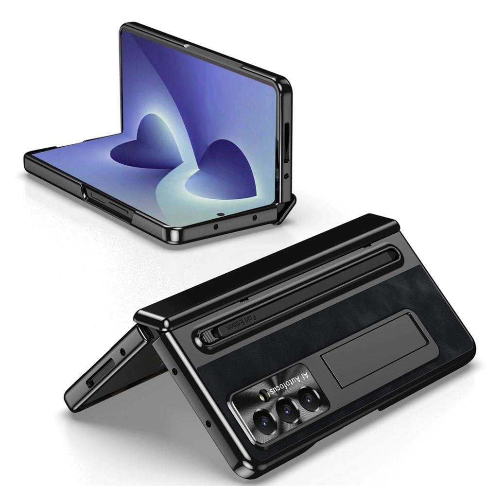 Samsung Galaxy Z Fold 8 Ultra Kickstand Retro Leather Case with Stylus and External Screen Glass, Black