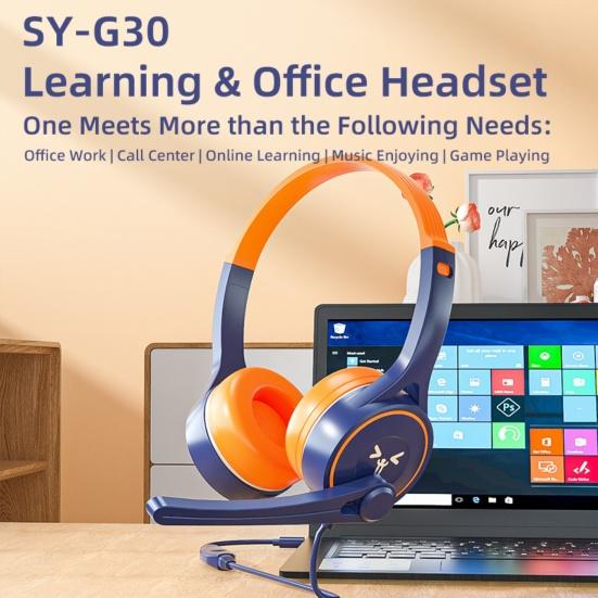 SY-G30 Wired Headphone Comfortable Noise Reduction Over-Ear Computer Headphone with Microphone for Online Course