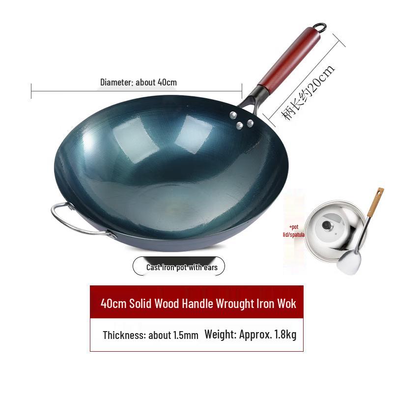 40cm Forged Wrought Iron Round-Bottom Wok Set