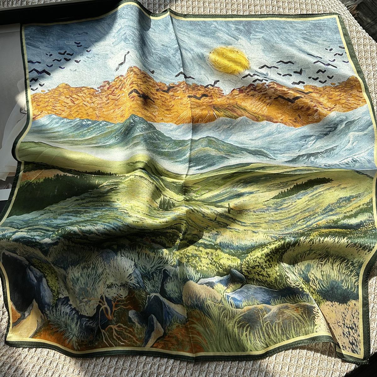 Oil painting pastoral elegant silk scarf women s autumn and winter 100% mulberry silk 53 small square scarf warm scarf 53*53cm
