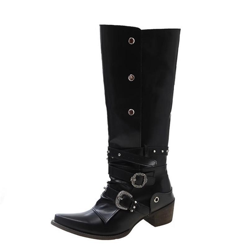 Rivet Pointed Knight Boots Design Sense Spice Girl Retro Black Punk Pants Boots Small But Knee Boots