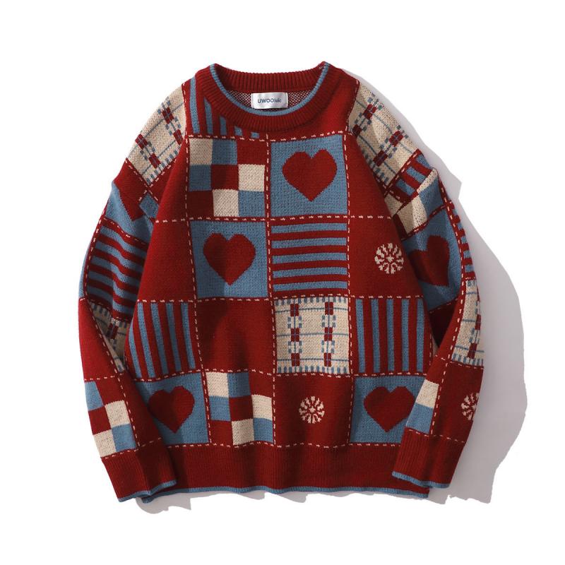 2026 Autumn And Winter New Trendy American Retro Plaid Love Ins Sweater Red Thickened Lazy Couple Sweater Loose Jacket For Men