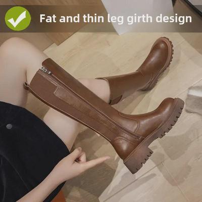 "2025 Women's V-Neck Knee-High Boots: Autumn/Winter, Thick Sole, Plus Velvet, Large Calf Width"