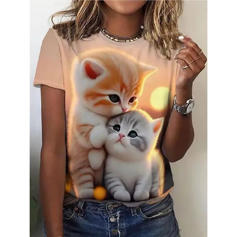 Summer Round Neck 3D Cute Cat Pattern Print Top Fashionable Casual Short Sleeved Women's T-shirts