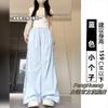 Women's Light Blue Wide Leg Pants Elastic High Waist Lace Patchwork Casual Trousers