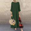 LYRIA Baumwolle Leinen Vintage Lange Kleider Damen Dreiviertelärmel Splicing Druck Lockeres A-Linien-Kleid Mode Lässig Damen Maxi Vestido