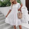 Elegant Fashion Lace White Dress Summer Short Sleeve Solid Hollow Embroidered Women Casual Dresses Women Vintage Round Neck A Line Loose Dress 24563