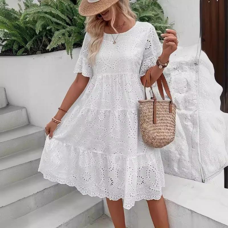 Elegant Fashion Lace White Dress Summer Short Sleeve Solid Hollow Embroidered Women Casual Dresses Women Vintage Round Neck A Line Loose Dress 24563