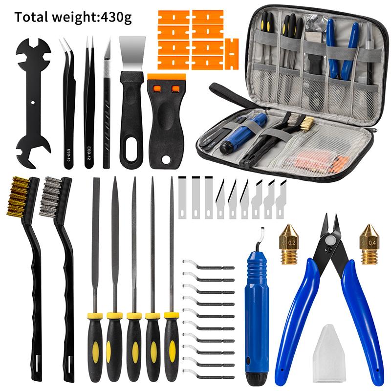 Kit di Attrezzi per Stampante 3D da 46/57 Pezzi con Custodia Portatile e Attrezzi Completi per Finitura e Pulizia per Hobbisti Progetti Creativi Fai-da-te