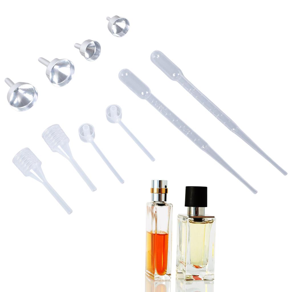 Packung mit 10 Mini-Metalltrichtern und Plastiktropfern für ätherische Öle, Parfüms, Kosmetikbastelarbeiten und Küchengebrauch