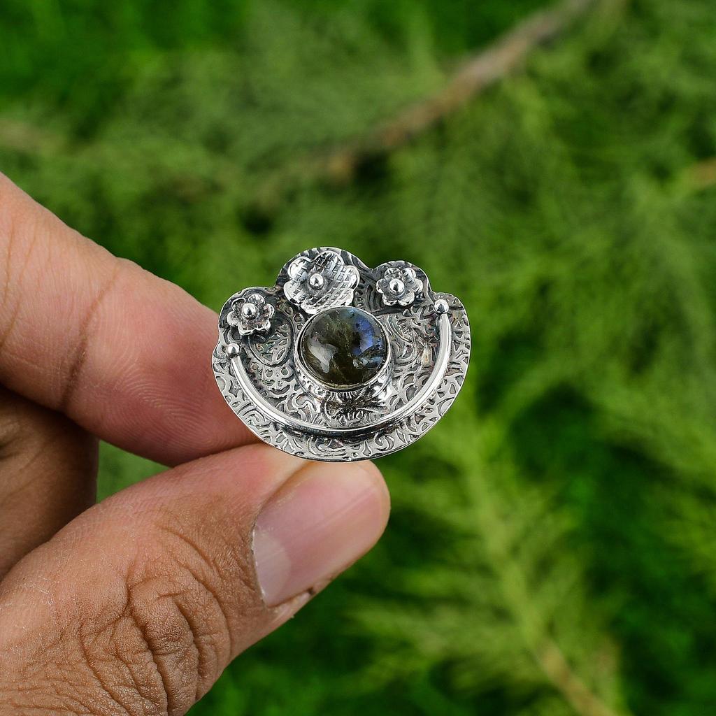 Natural Labradorite 925 Silver Stackable Flower Adjustable Ring For Women