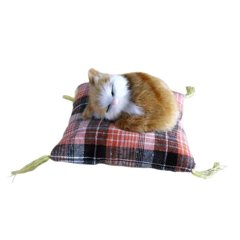 Realistic Sleep Cats Doll Plush Furry Animal Statue with Soft Mat Bed Stuffed Pet Doll for Kids Adults Birthday Gift