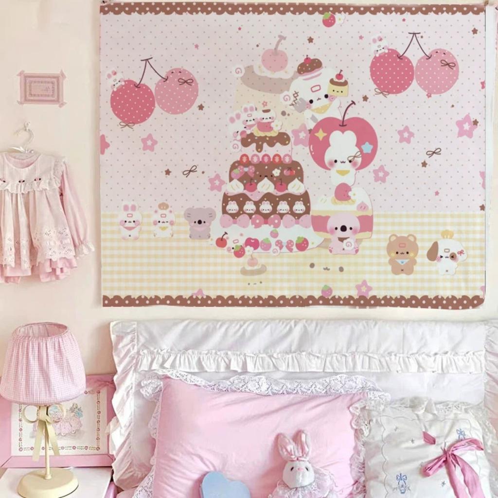 Kawaii Pink Yellow Checkered Tapestry Cherry Cake Animal Wall Hanging Pastel Aesthetic Background Cloth for Girls Bedroom Dorm