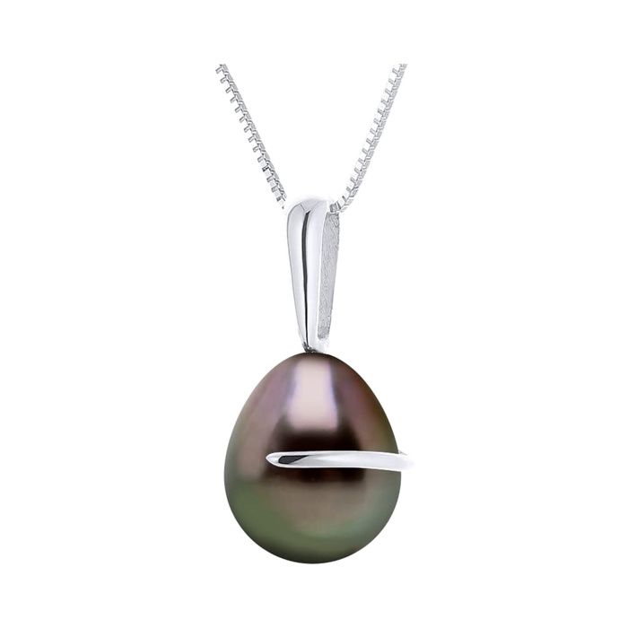Pendentif - PEARLS & COLORS - Perle de culture de Tahiti Poire 8-9 mm - Or blanc 375/1000 - Chaîne argent 42 cm offerte