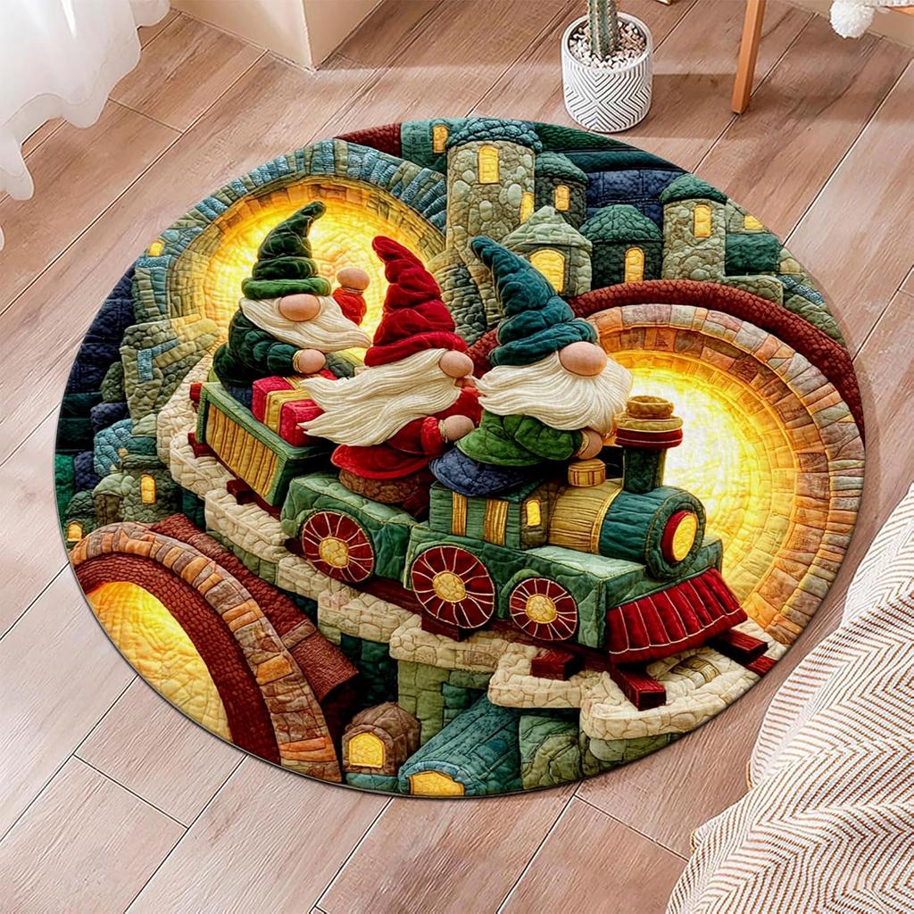 Retro Castle Steam Train Circle Carpet Christmas Gnome Round Area Rug Non Slip Washable Festive Home Bedroom Floor Decor
