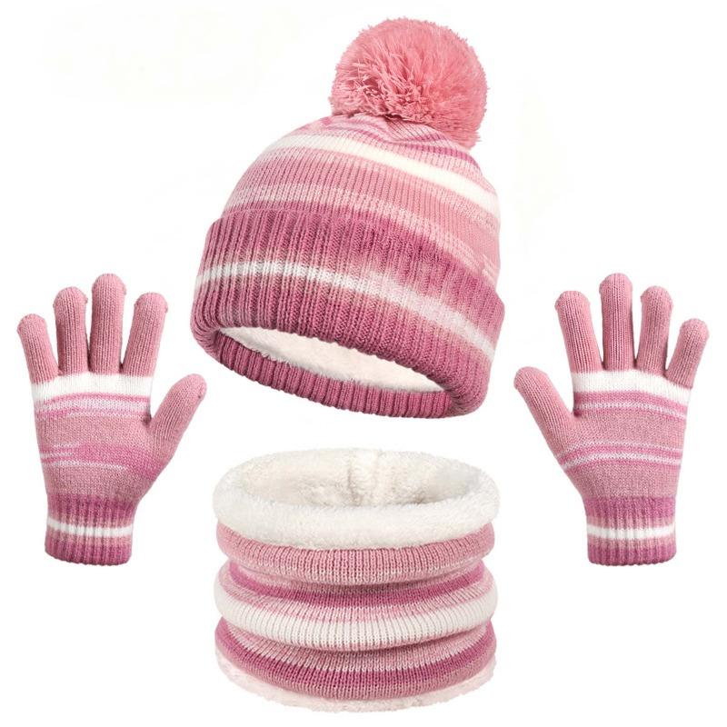 Children's Hat, Scarf, Gloves, Three Piece Set, Striped Autumn and Winter Knitted Fleece Kindergarten Warm Suit
