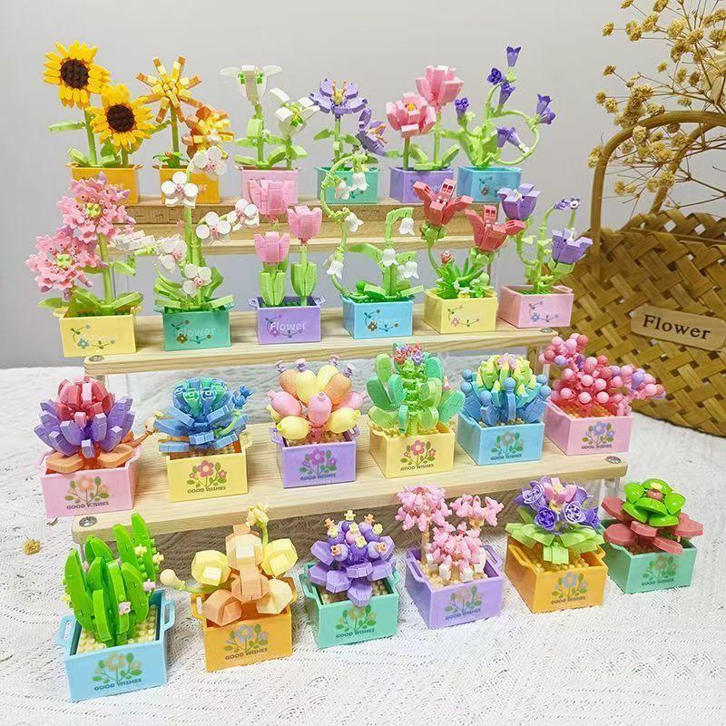 Preserved Flower Bonsai & Rose Succulent Building Blocks - Compatible with LEGO