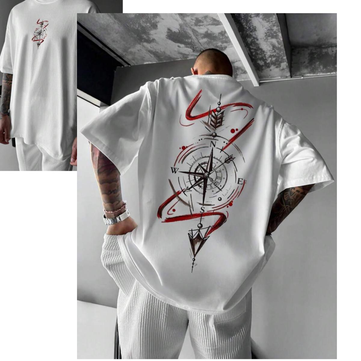 

Vintage Compass Pattern Printed T-shirt Men Summer Sweat-absorbing Breathable Comfortable Top Short Sleeve Trendy Men s Clothing S