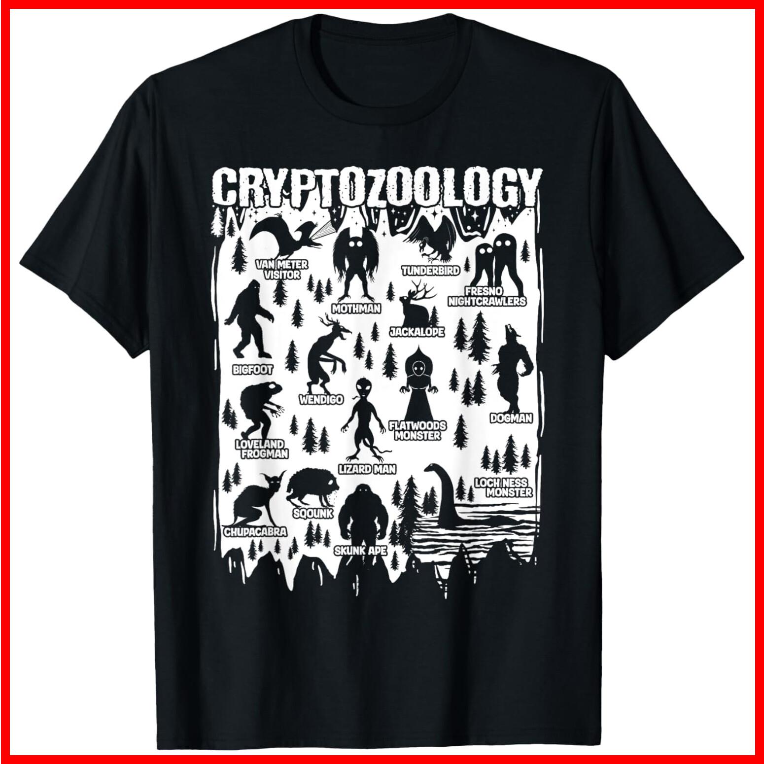 Cryptozoology Cryptid Bigfoot Mothman Dogman Other Monsters Black Cotton T-Shirt M