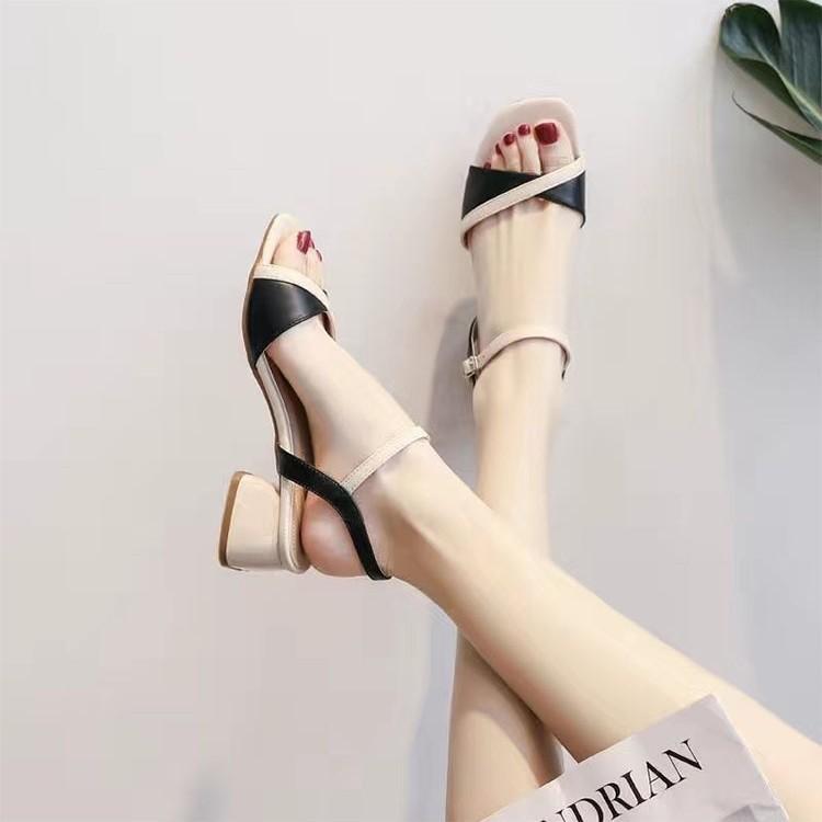 One Word with Sandals Fairy Style 2025 New Summer Women's Shoes Fashion Medium Heel Color Matching High Heel Thick Heel Shoes