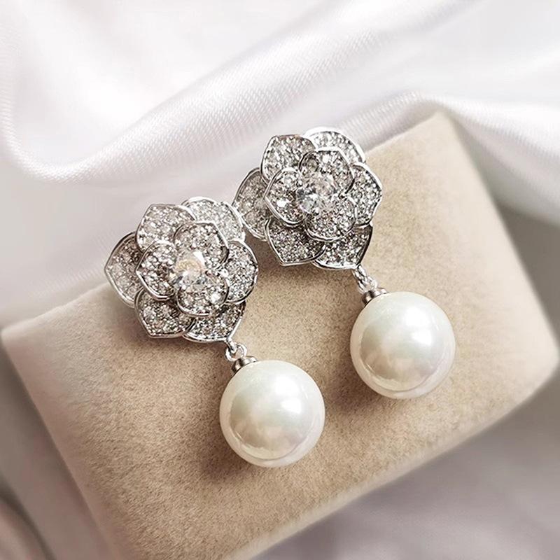 Rose Imitation Pearl Earrings For Women, Camellia Lady Princess Jewelry, Fashionable And Elegant