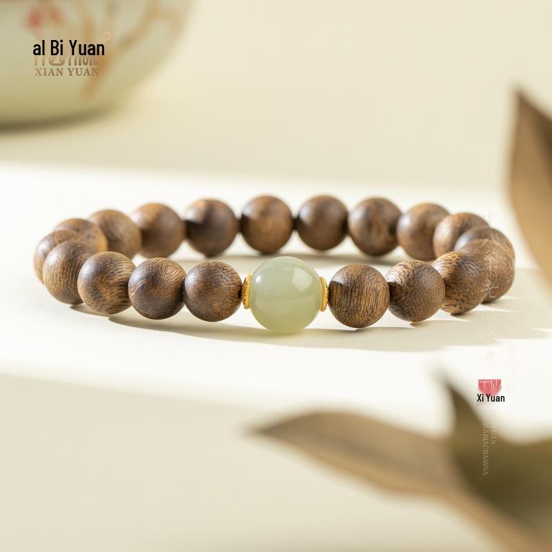 Hainan Yingge Green Qinan Agarwood & Hetian Jade Bracelet, 10mm Beads, Unisex Prayer Beads & Buddhist Jewelry. Standard