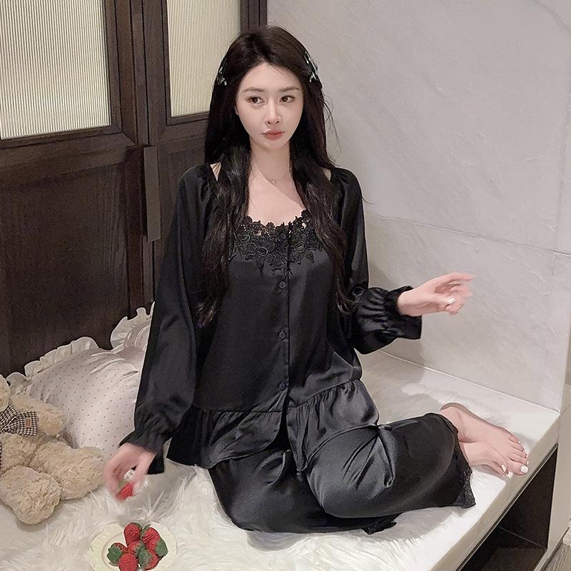 Women's Ice Silk Pajama Set with Lace - Spring & Autumn, Long Sleeve Top & Pants, Versatile for Home or Out