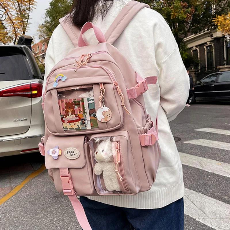 Plaid Transparent PVC Contrast Color Girls College Leisure Kawaii Backpack Large Nylon School Backpack for Girls Boys Bag