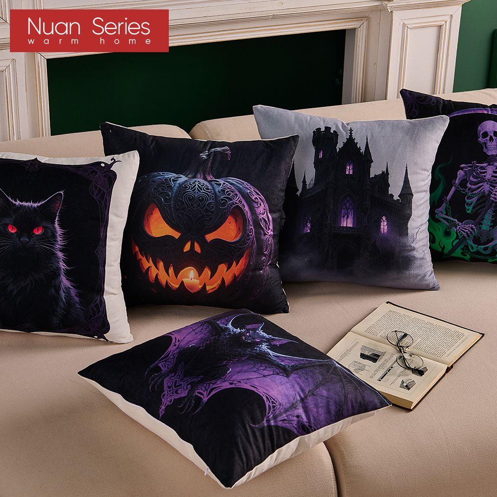 1PC Nuan Series Halloween Pillowcase Black Cat Ghost Pumpkin Series Printed Cushion Cover for Sofa Living Room Bedroom Home Decor Party Decorations