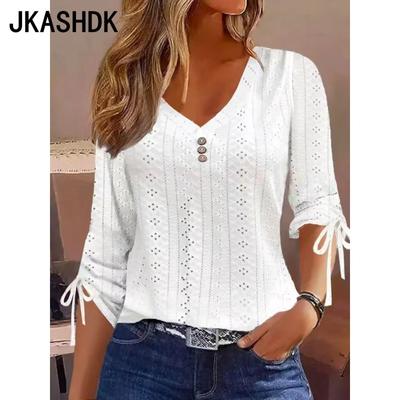 Damenmode Casual Frühling Herbst Einfarbig Druck 3/4 Ärmel V-Ausschnitt Blusen & Hemden
